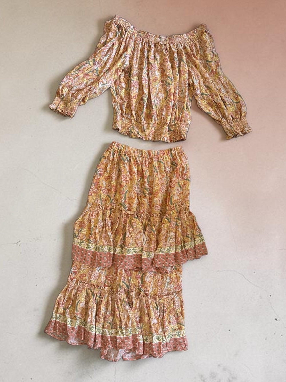Smocked Floral Tiered Maxi Skirt set with shirt — Peach Floral